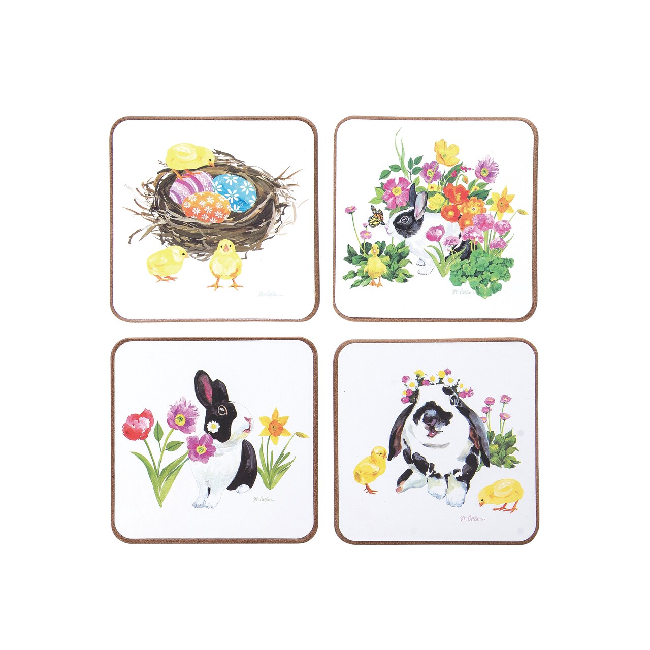 Easter Bunny Eggs & Flowers Set of 4 Drink Sitter Coasters 4"
